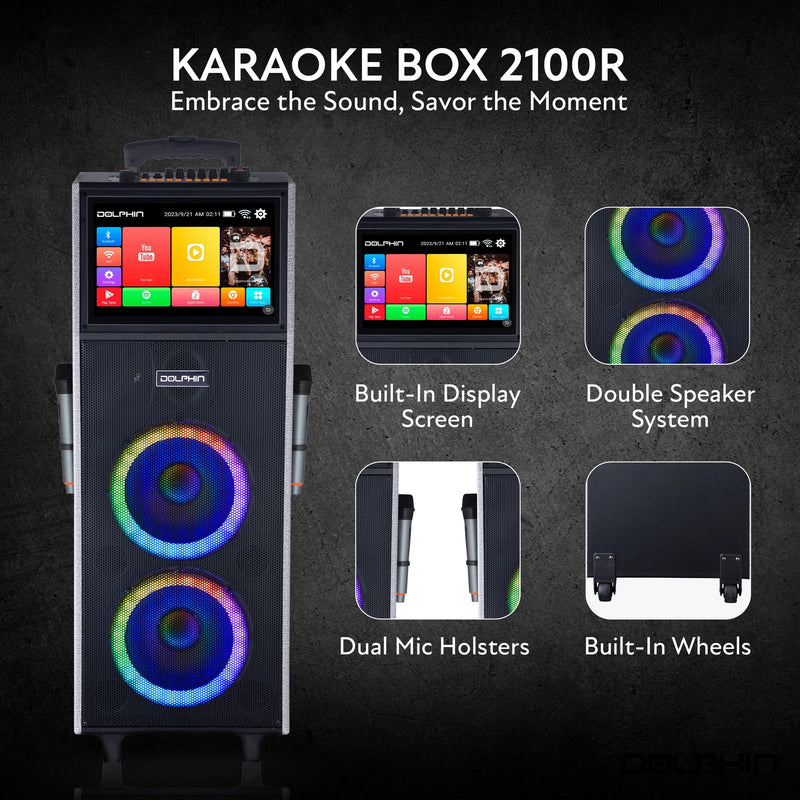 Dolphin Dual 10" Karaoke Bluetooth Speaker with LED Lights, 2 Mics, 14.1 Inch Smart Tablet and Voice Modulation (KB2100R) - Extreme Electronics